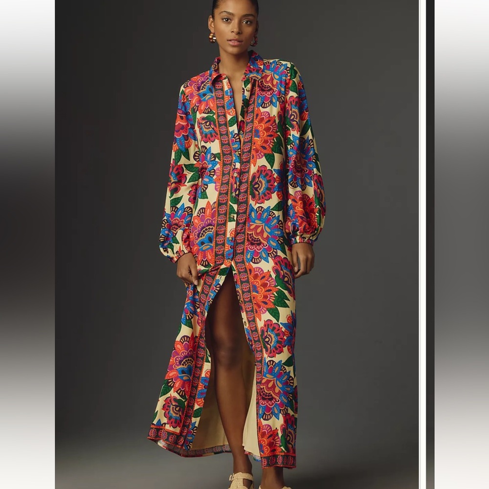 Anthropologie x  Farm Rio Long-Sleeve Button-Front Midi Dress